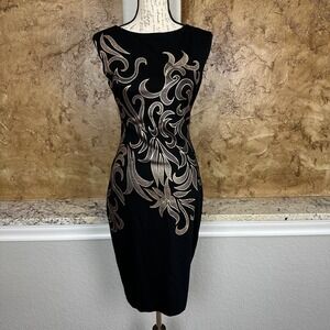 NWT Cache Dress Women's 2 Bodycon Sheath Scroll Print Cocktail Party Gold Black‎